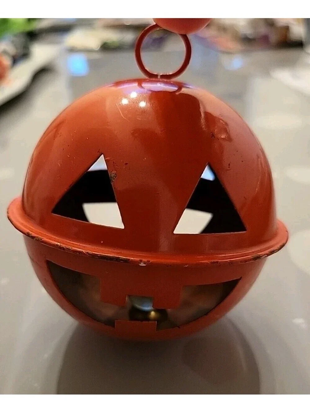 Vintage Large Halloween Jack o Lantern Pumpkin Jingle Bell w Glass Marble 3.75